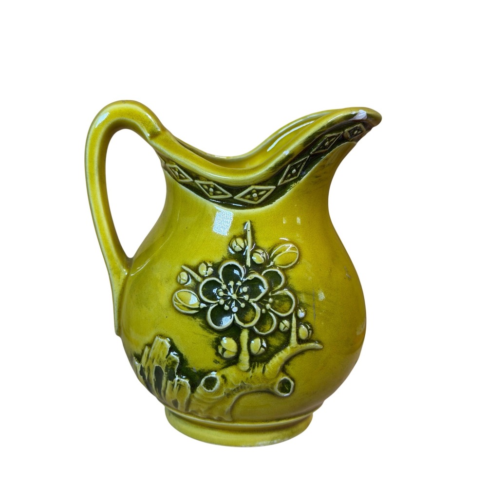 Vintage Japan Ceramic‎ Pitcher Chartreuse Yellow Green Floral Embossed 6 Inch